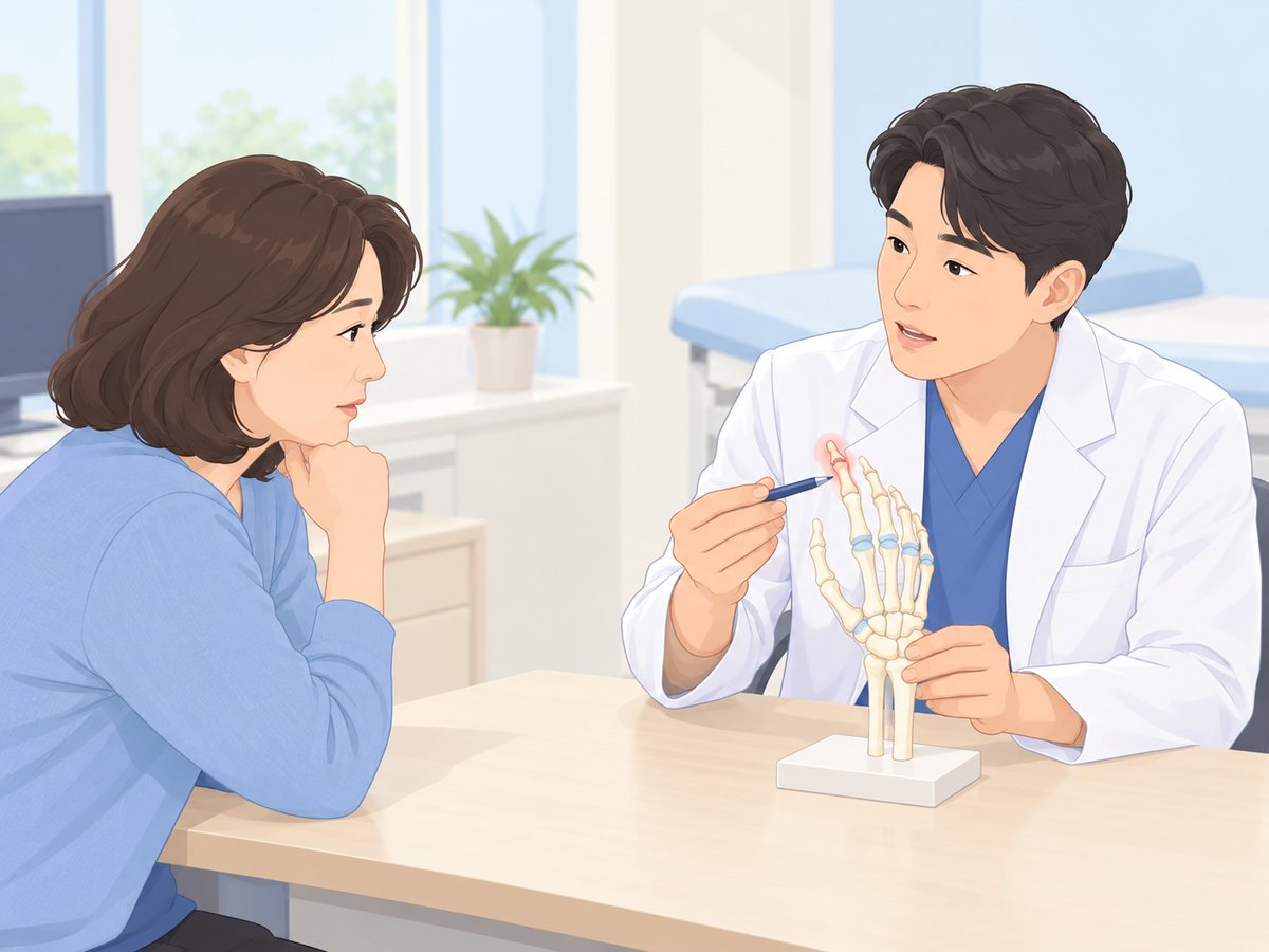 의사가 손 뼈 모형으로 손가락 끝마디 관절을 가리키며 설명하는 장면