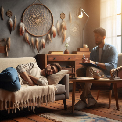 촛불과 꿈꾸는 분위기의 방에서 한 사람이 휴식을 취하고 있습니다.