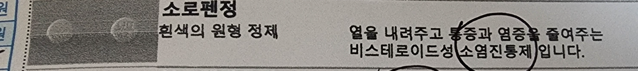 필자가 최근 처방받은 약 중 하나인 '소로펜정'은 열을 내려주고 통증과 염증을 줄여주는 비스테로이드성 소염진통제이다.