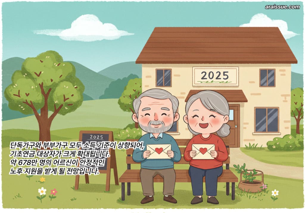 단독가구와 부부가구 모두 소득 기준이 상향되어, 기초연금 대상자가 크게 확대됩니다. 약 678만 명의 어르신이 안정적인 노후 지원을 받게 될 전망입니다.