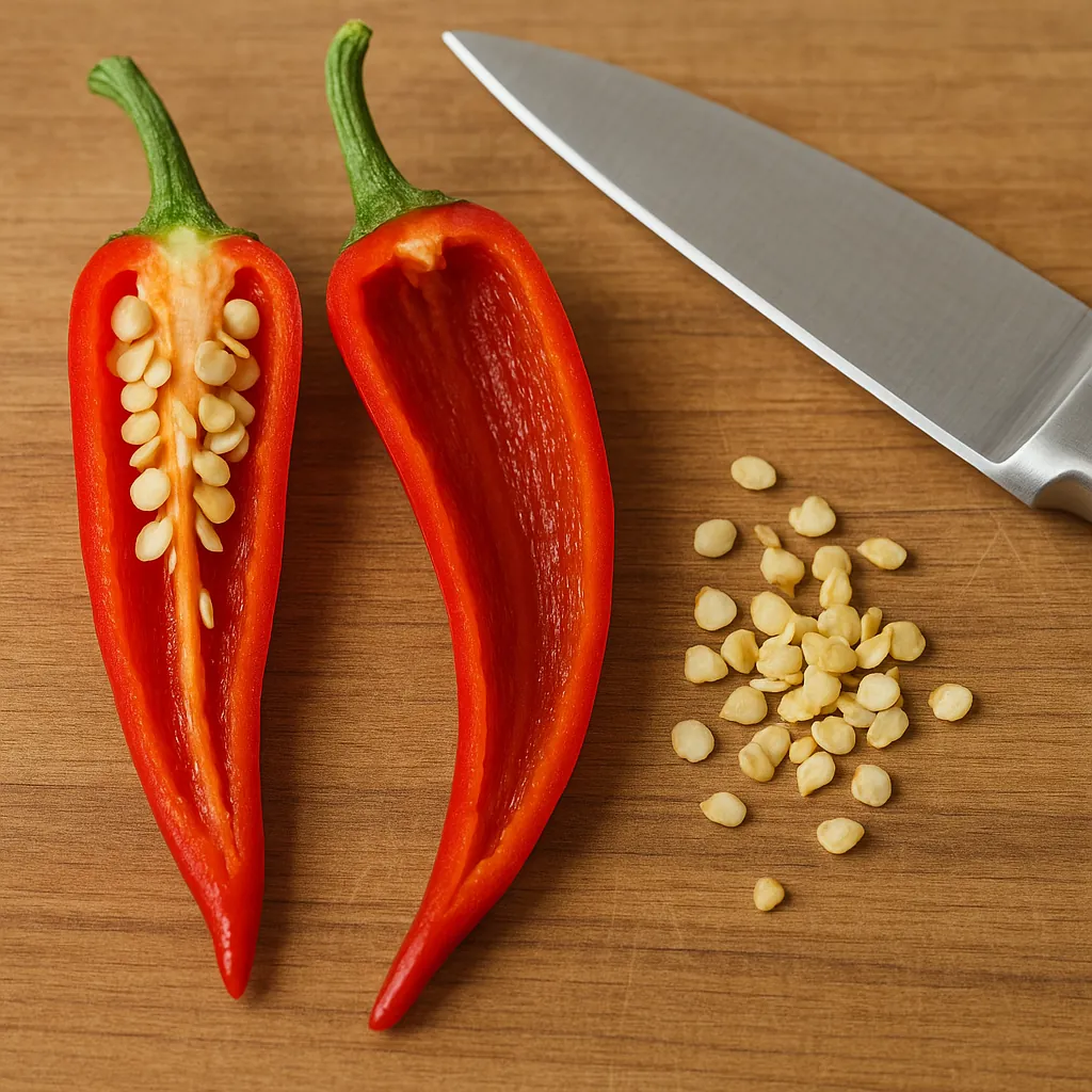 고추씨를-제거하면-매운맛이-줄어드는-이유를-보여주는-사진-왼쪽은-씨가-있는-고추-오른쪽은-씨를-제거한-고추-씨앗이-옆에-모여있어-캡사이신이-집중된-부위와-매운맛-차이를-시각적으로-표현