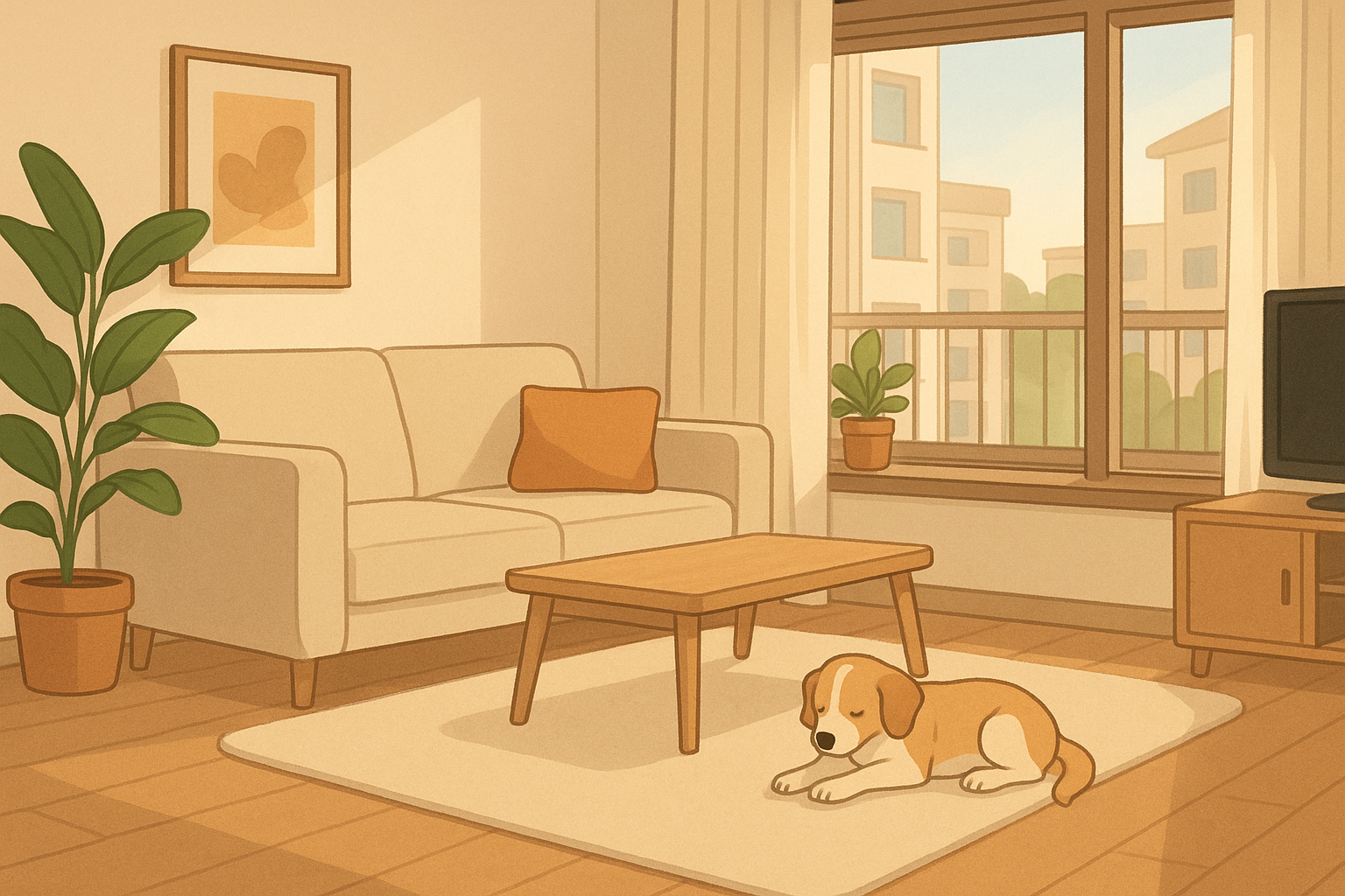 아파트 거실에 앉아있는 강아지 이미지