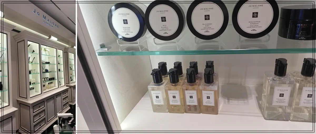 라면세점-조말론-매장-바디크림-바디워시-샘플-진열장-클로즈업