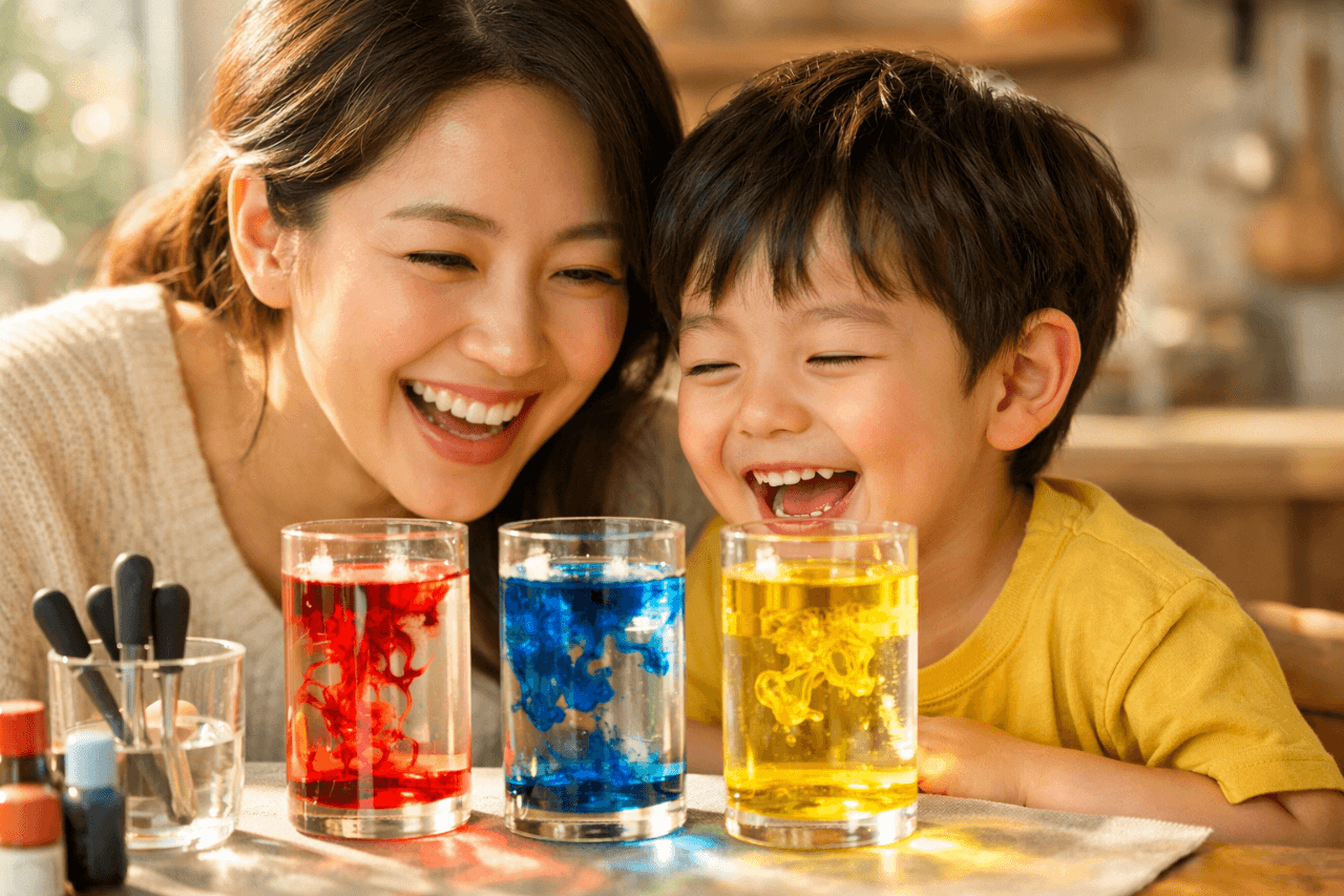 햇살 비치는 주방에서 엄마와 아이가 웃으며 과학 실험을 관찰하는 모습