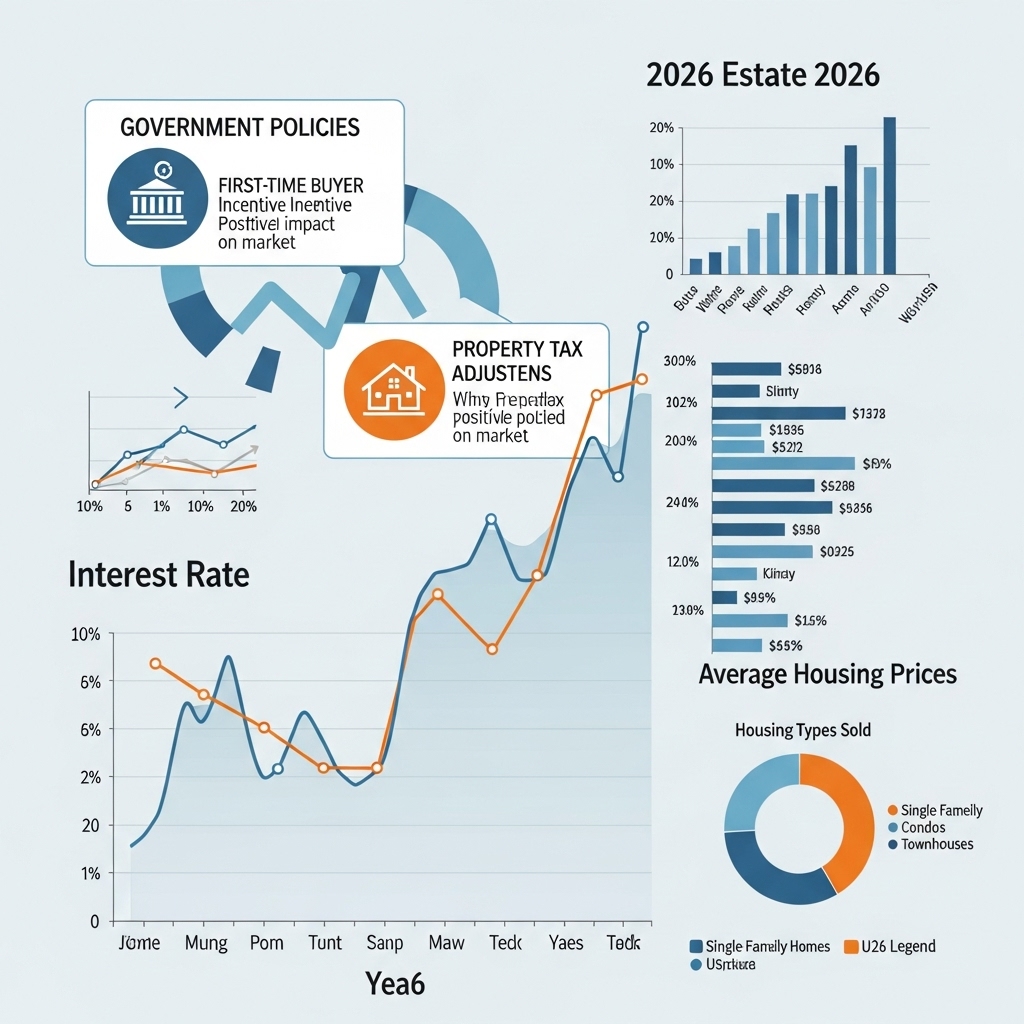 금리 변동, 정부 정책, 주택 가격 등 2026년 부동산 시장 주요 변수들을 시각적으로 보여주는 복합 그래프 인포그래픽.1