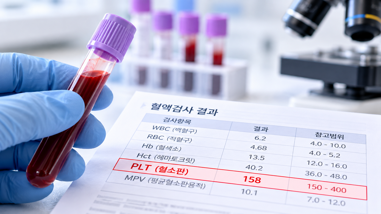 건강검진 혈액검사 결과지에서 PLT 혈소판 정상수치를 확인하는 모습