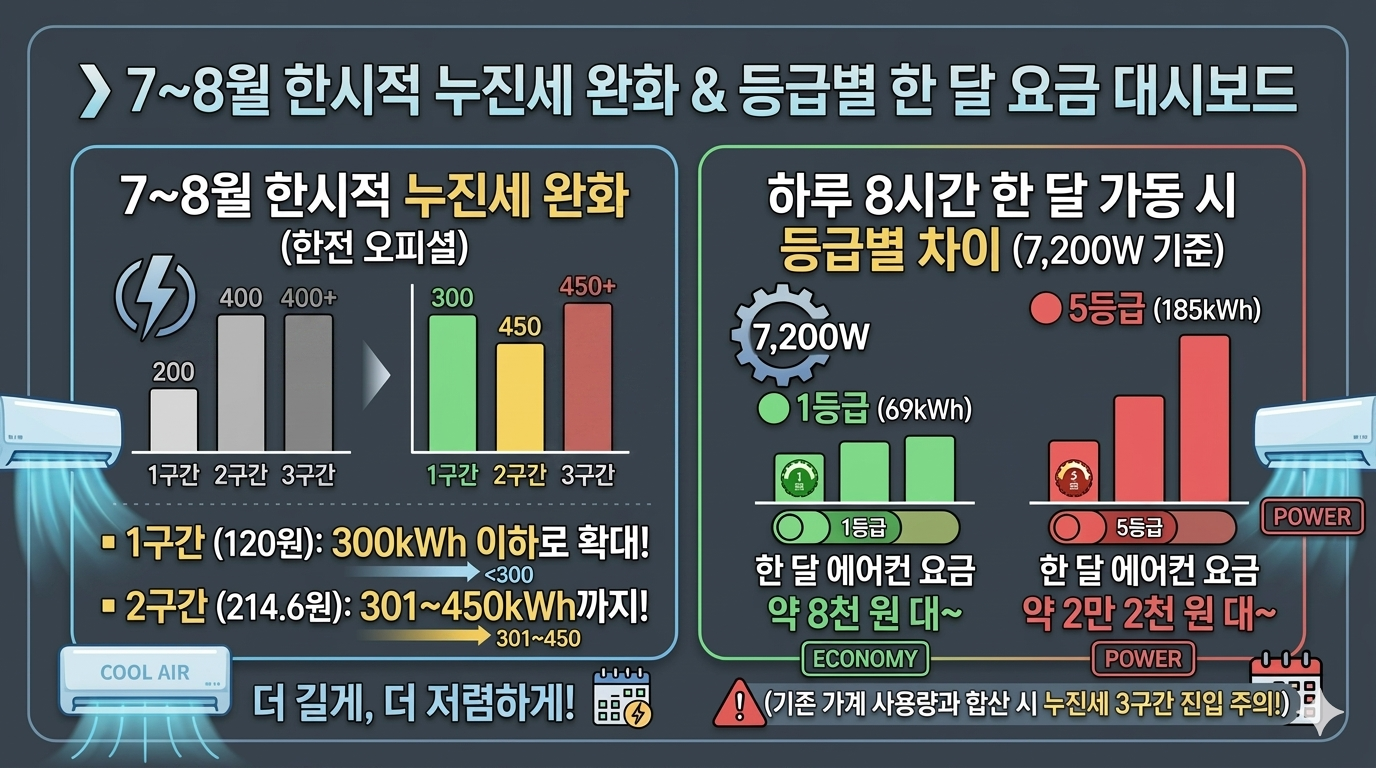 2026 주택용 하계 누진세 완화 구간표 및 1등급 vs 5등급 에어컨 한 달 요금 비교