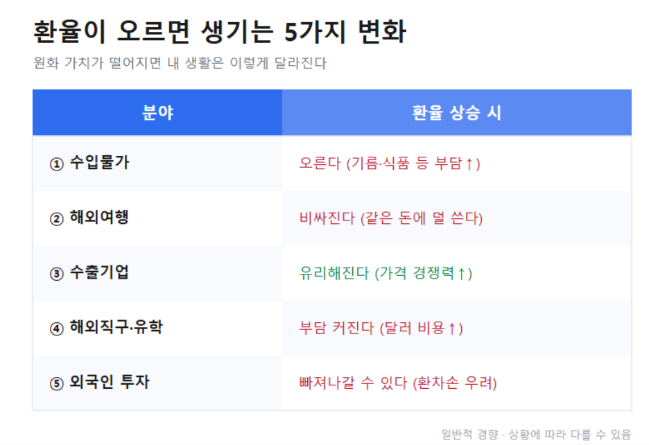 환율 상승 시 나타나는 5가지 변화 표 (수입물가, 해외여행, 수출기업, 직구, 외국인투자)