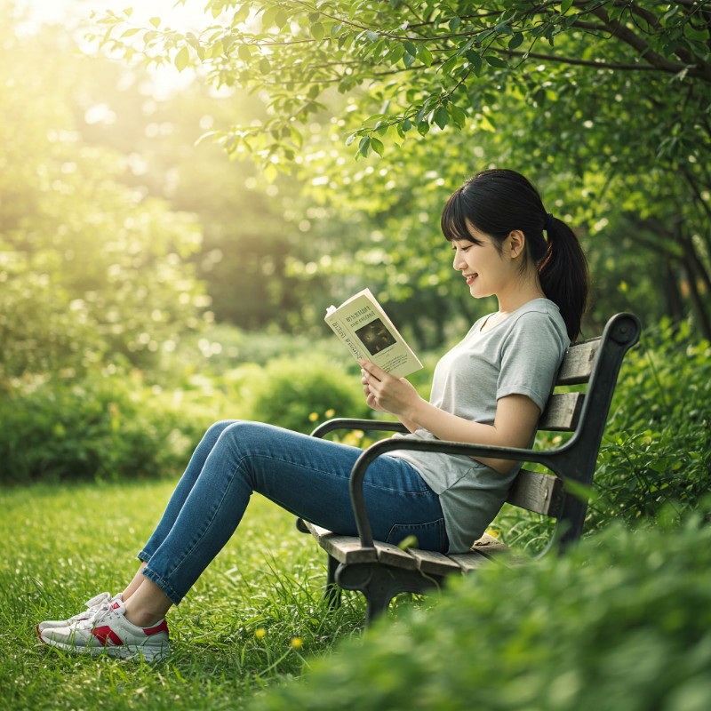 숲 속 벤치에 앉아 책을 읽으며 휴식을 취하는 한국 여성, 도파민 디톡스