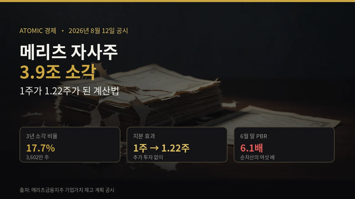 메리츠금융지주가 3년간 발행주식 17.7퍼센트인 3조 9천억 원을 소각해 1주가 1.22주 효과를 낸 주주환원을 다룬 일러스트