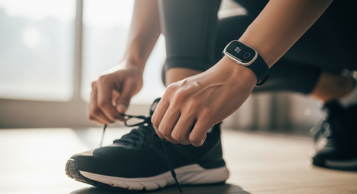 운동을 시작하기 전, 헬스 트래커를 착용한 손목 클로즈업.