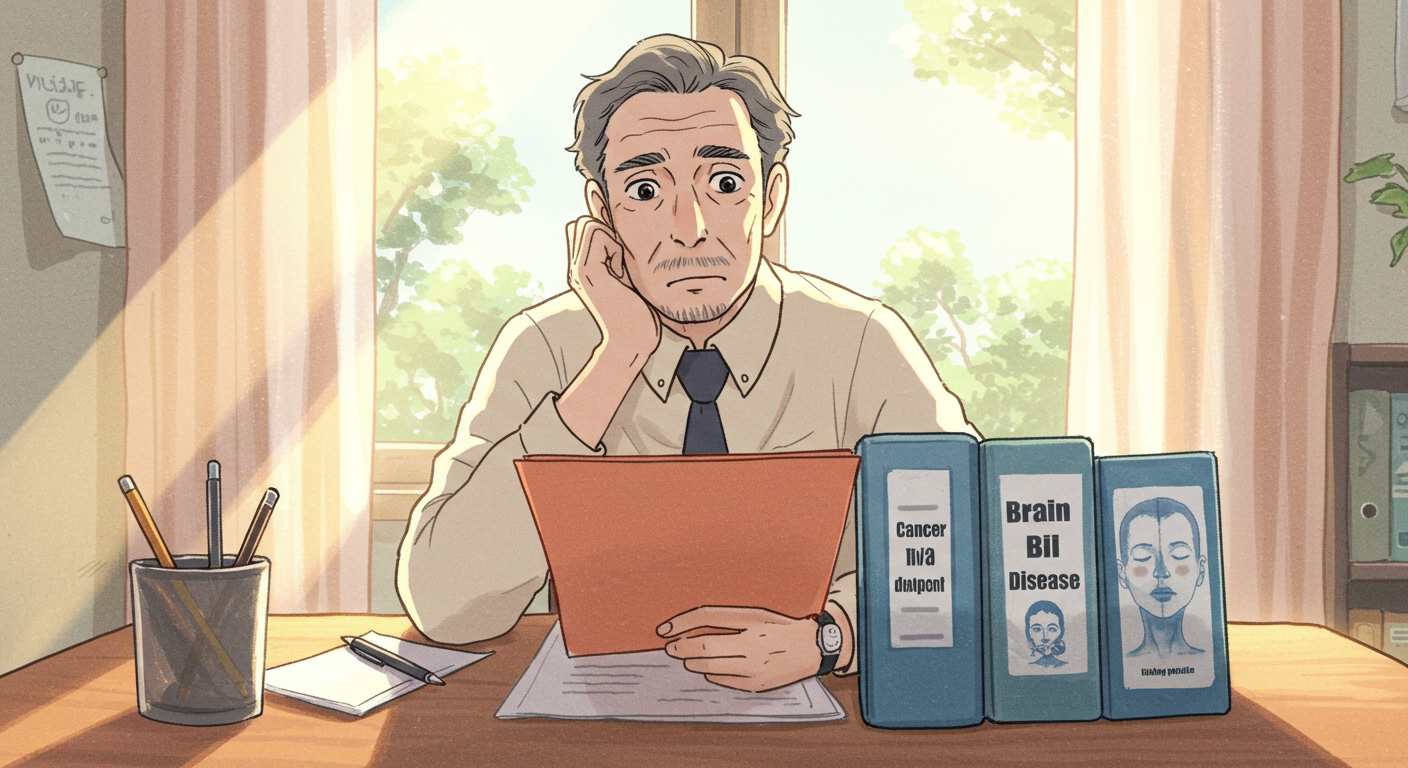 세 가지 건강보장 상품을 검토하는 남성 일러스트