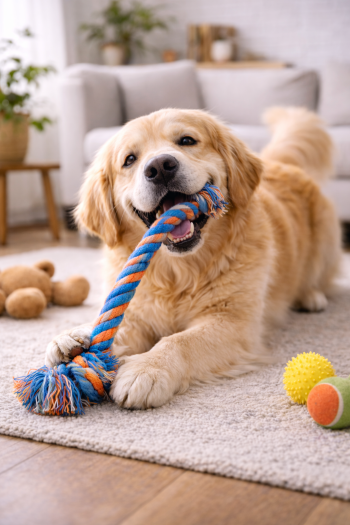 실내에서 터그놀이 중인 강아지
