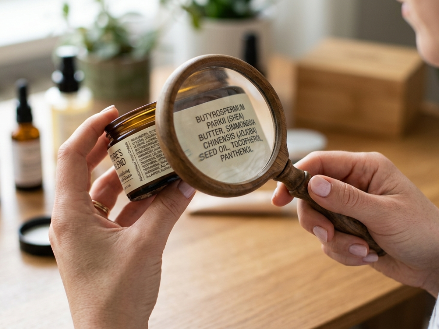 화장품 전성분 표와 돋보기를 든 임산부의 손