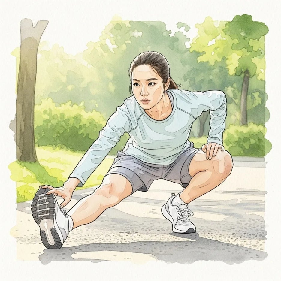 공원에서 스트레칭하며 몸을 푸는 러너