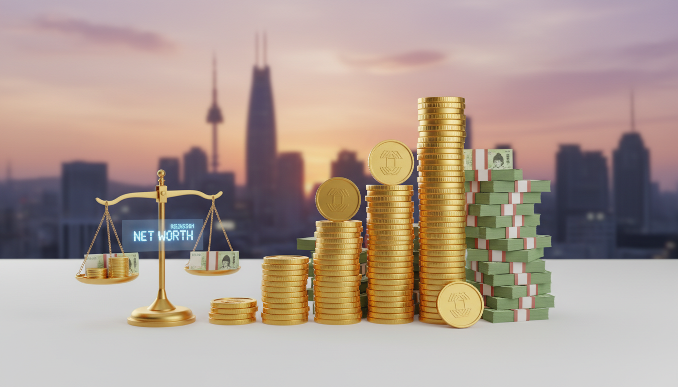 대한민국 순자산 상위 10% 기준을 상징하는 황금 동전 그래프와 서울 도심 배경