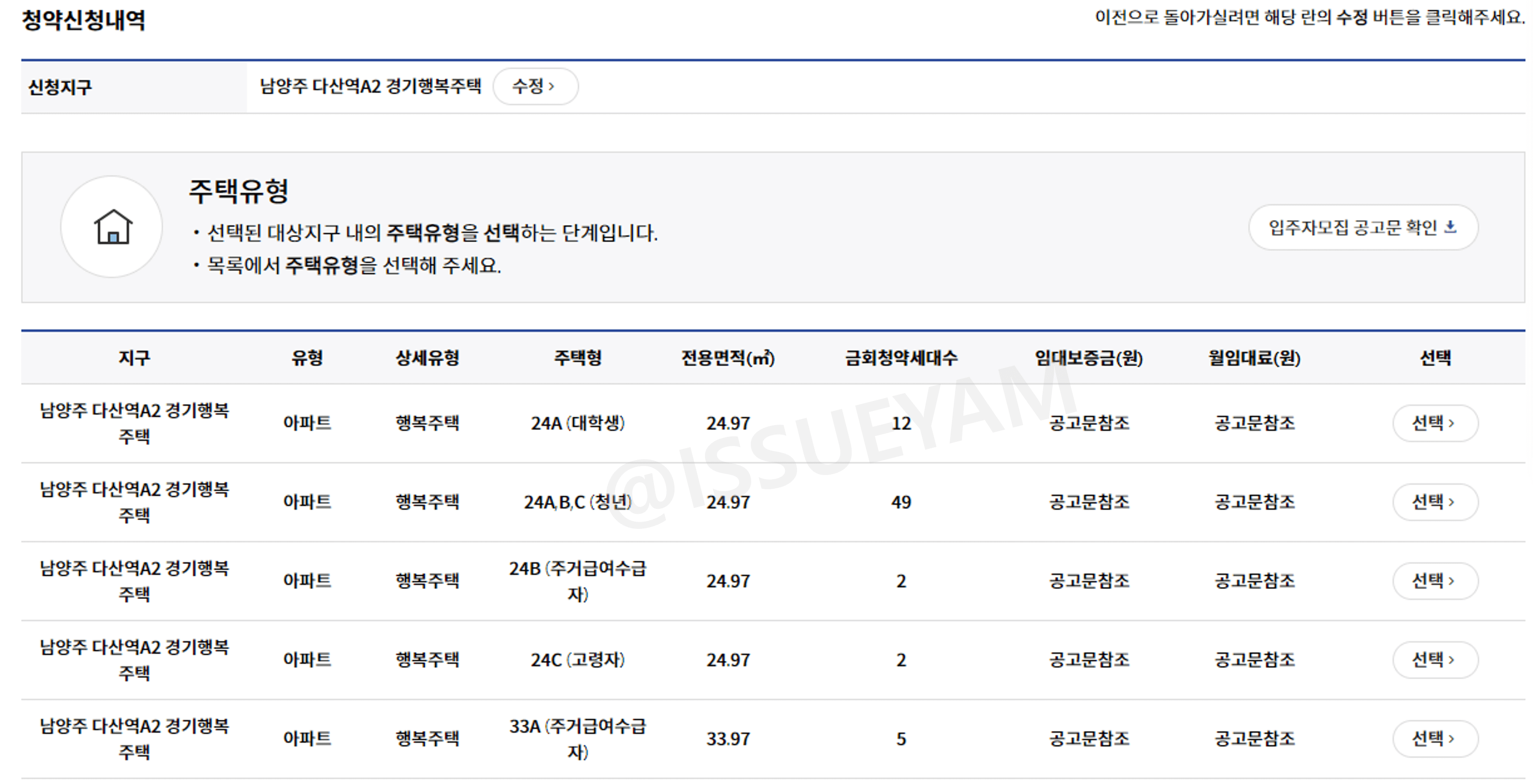 GH 행복주택 청약 신청 방법 주택 유형 선택