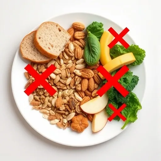 접시 위에 통곡물 빵, 견과류, 씨앗류, 껍질째 과일(사과, 포도 등), 잎채소(시금치, 케일 등) 등이 나열되어 있고, 그 위에 빨간색 X 표시가 있거나 흐릿하게 처리되어 '피해야 할' 음식을 명확히 보여줍니다.