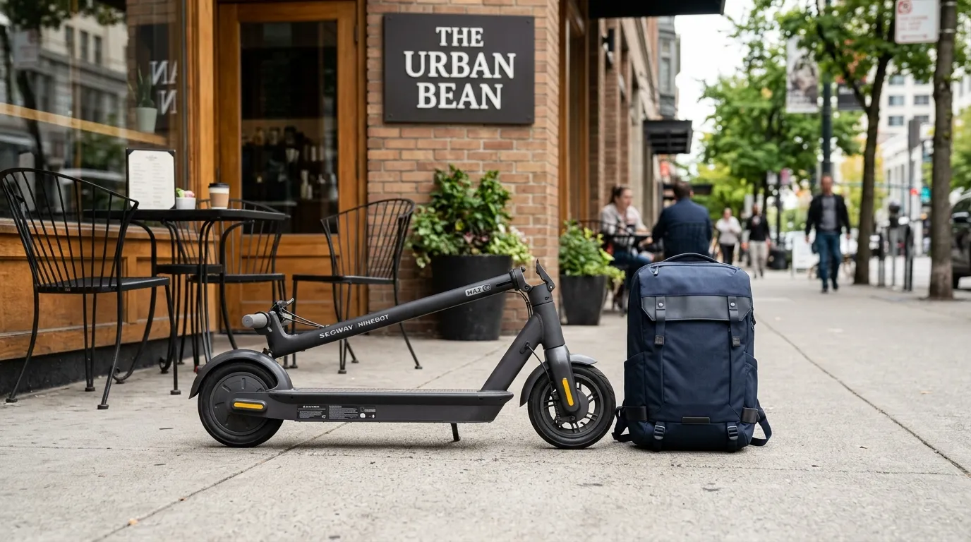 나인봇 MAX G2가 접힌 상태로 백팩 옆에 놓여 있는 모습