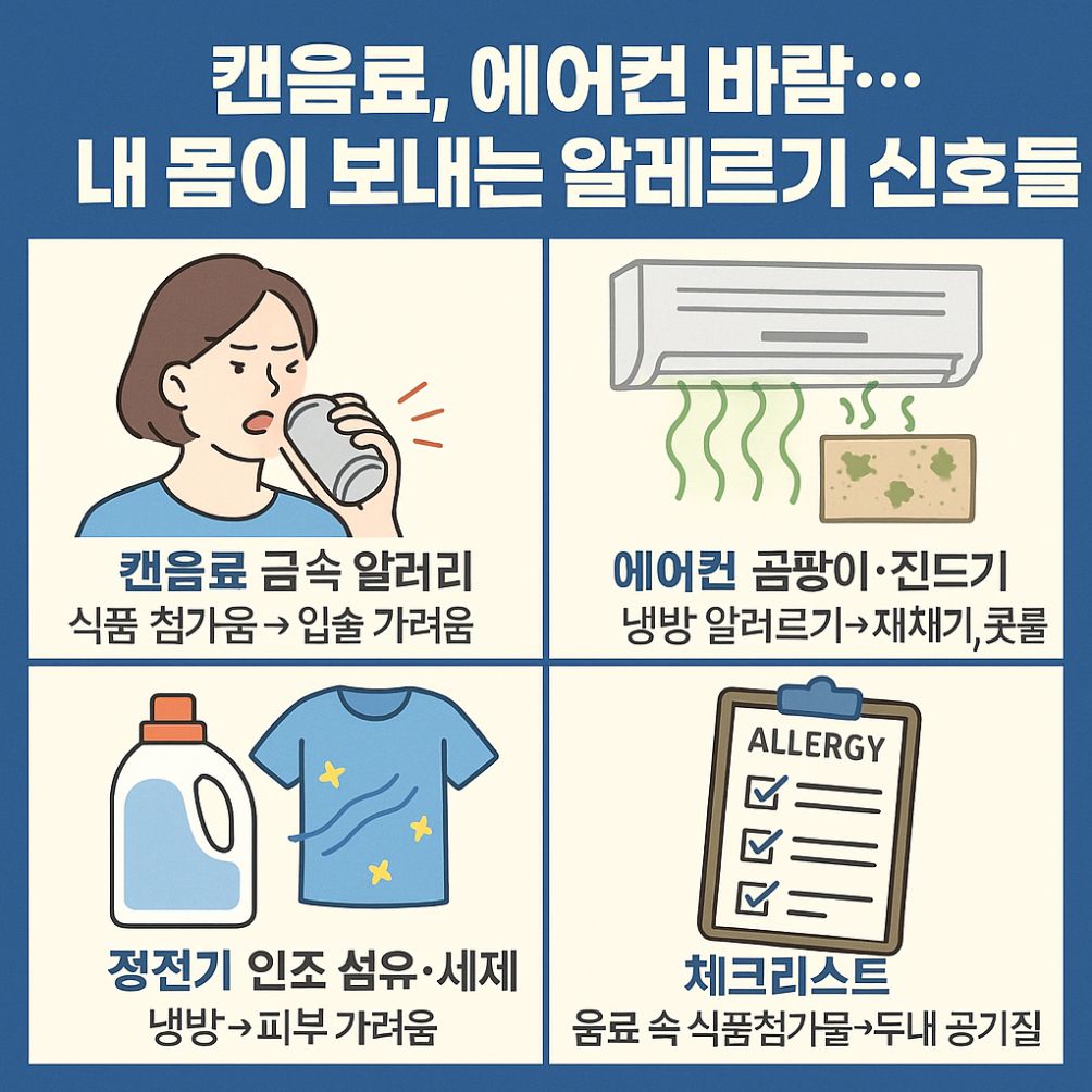 캔음료, 에어컨, 세제, 체크리스트 그림과 함께 관련된 알레르기 반응 설명이 담겨 있습니다. “입술 가려움”, “재채기”, “피부 가려움” 등 주요 증상도 강조되어 있습니다.