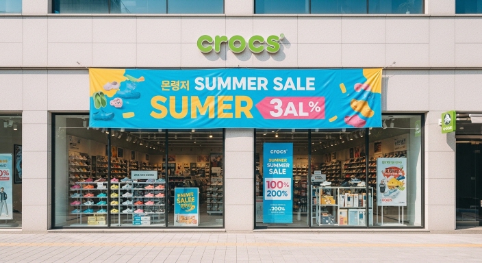 여름 세일 배너가 보이는 크록스 매장 외관