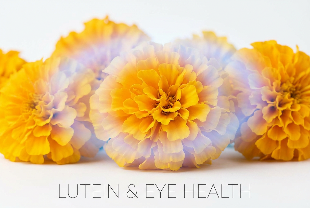 루테인 원료인 선명한 노란색 마리골드 꽃 클로즈업 사진. 루테인이 눈 건강에 도움을 줄 수 있다는 콘셉트를 나타냄.