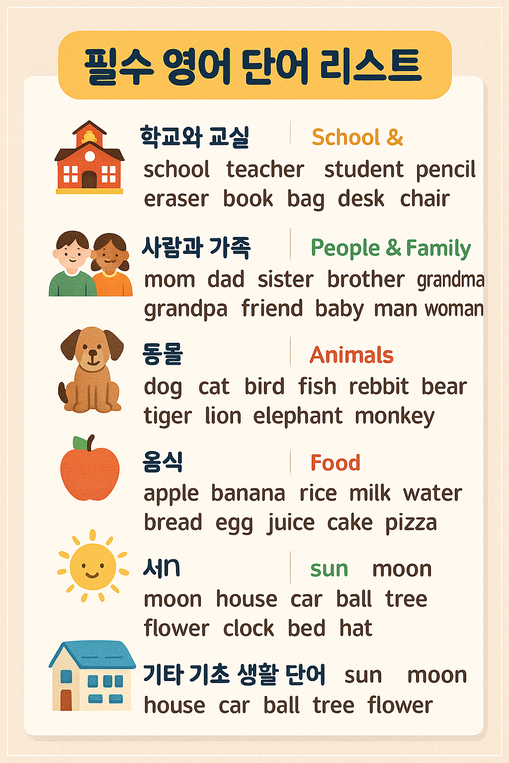 초등학생을 위한 필수 영어 단어 리스트