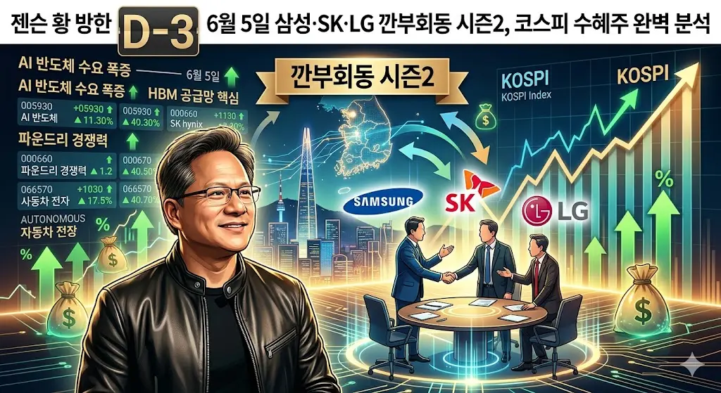 젠슨 황 방한 D-3 — 6월 5일 삼성·SK·LG 깐부회동 시즌2, 코스피 수혜주 완벽 분석 이미지