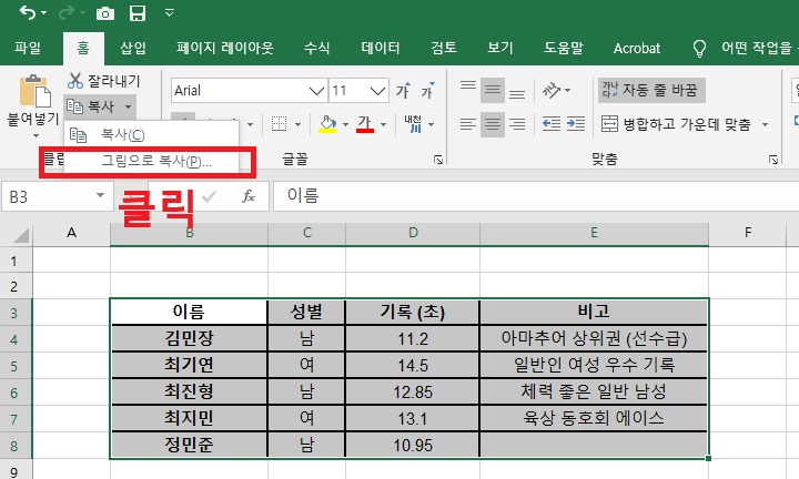 작은 메뉴창에 복사와 그림으로 복사 중 하나를 선택하게되어있음