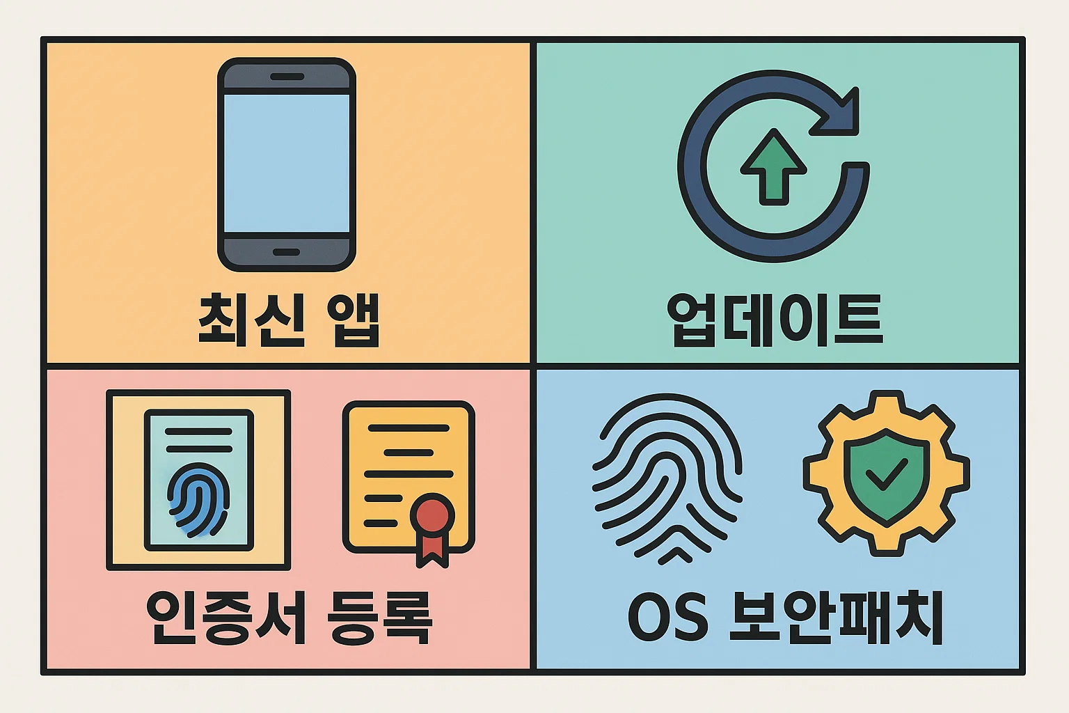 농협 인터넷뱅킹 가입 후 안전한 이용을 위한 모바일 앱 환경 설정 인포그래픽으로, 최신 앱 설치, 업데이트, 인증서 등록, OS 보안 패치 적용 방법을 안내하는 보안 수칙 자료입니다.