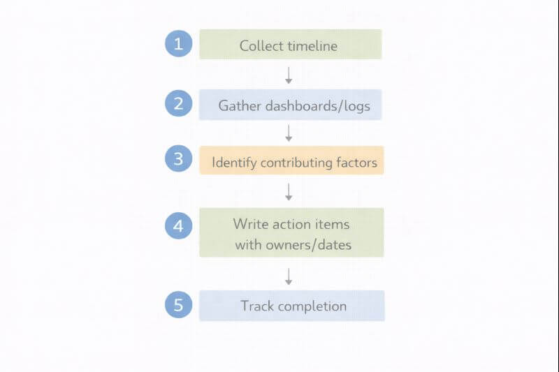 장애의 타임라인과 관측 데이터를 수집한 뒤 원인 후보를 정리하고 실행 가능한 액션아이템을 만들고 추적까지 이어지는 단계형 흐름도