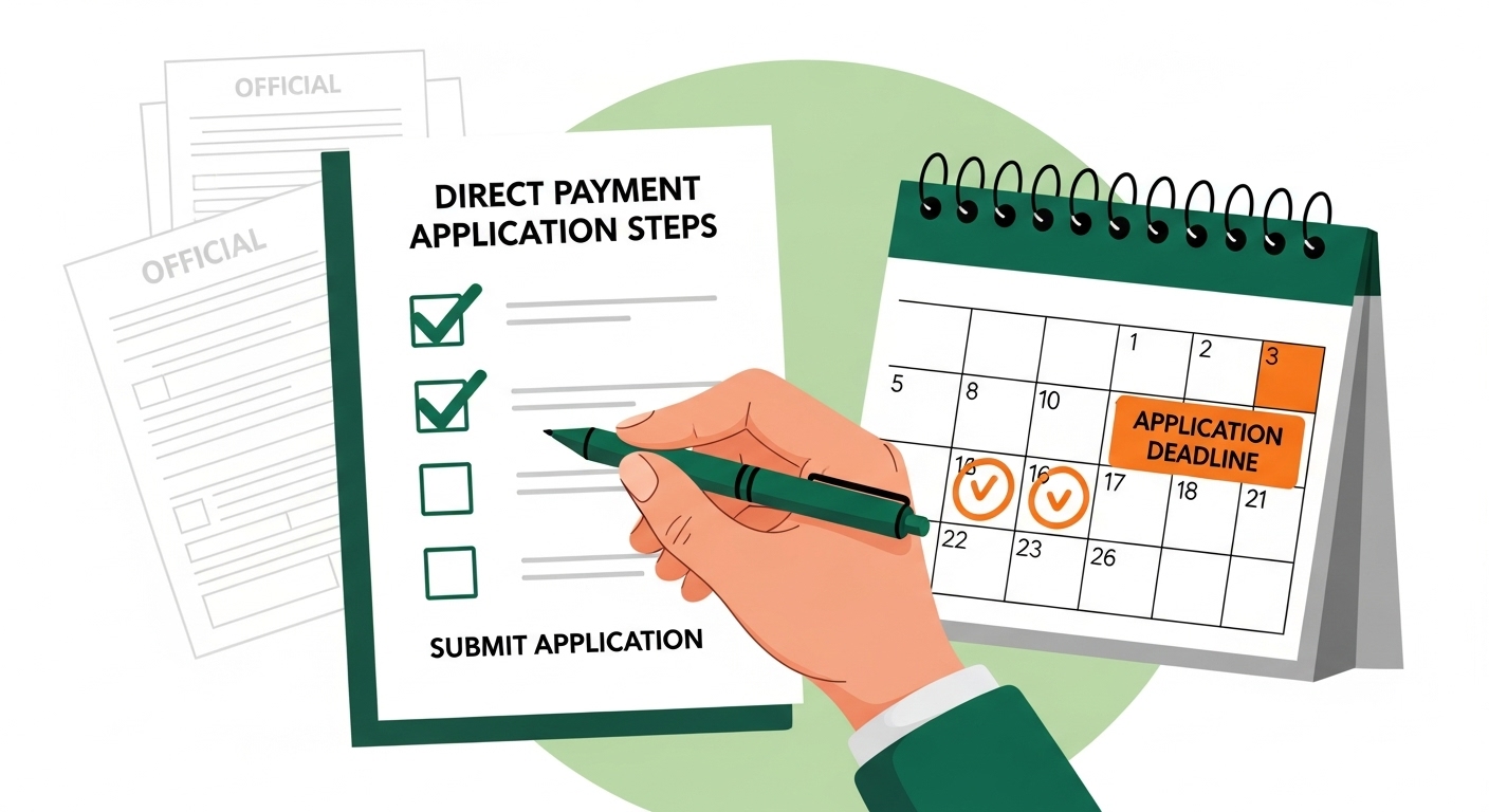 공익직불금 신청을 위한 준비물을 점검하고 기한을 확인하는 모습을 담은 일러스트, 철저한 준비의 중요성을 강조합니다.