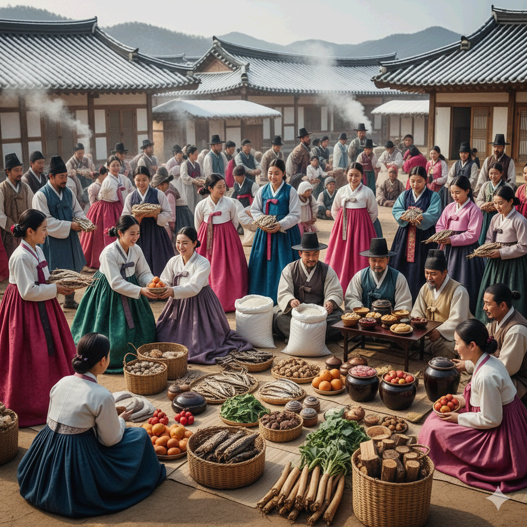 조선시대 설날 선물 교환 풍속도 - 마을 단위 물물교환 문화