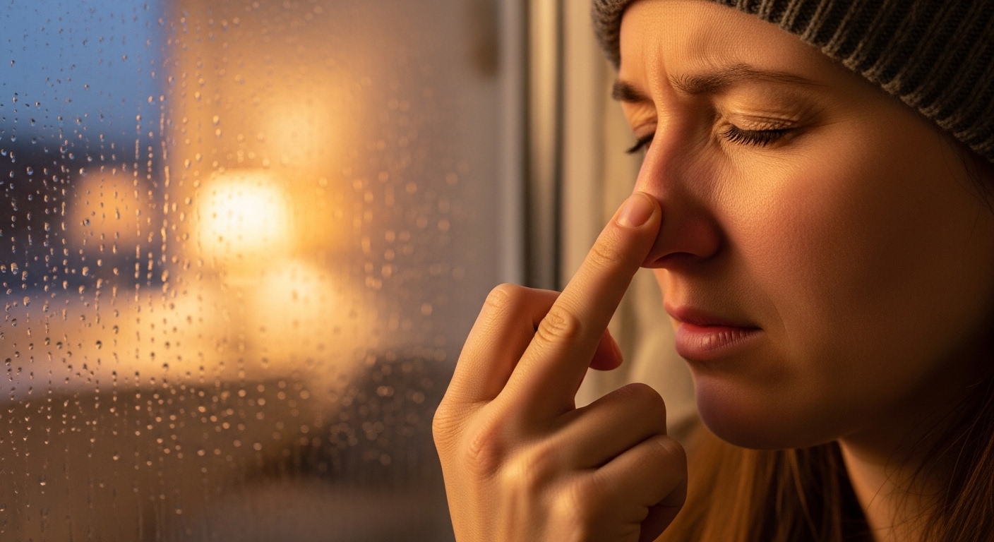 겨울철 코막힘 증상을 느끼며 코를 만지는 모습