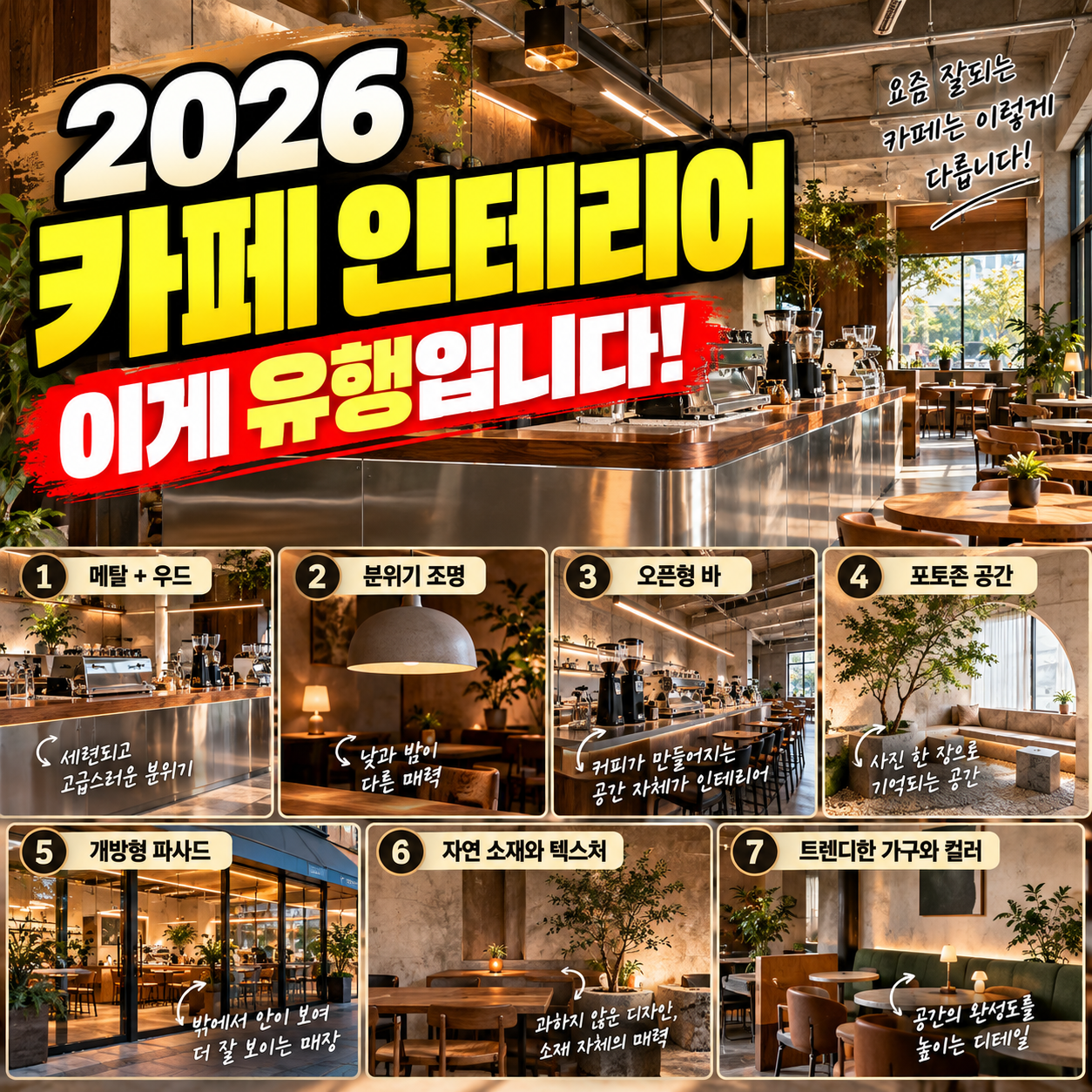 2026 카페 인테리어 트렌드 메탈과 우드, 분위기 조명, 오픈형 바, 포토존, 개방형 파사드 등 최신 카페 디자인을 소개하는 이미지