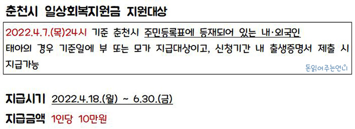 강원도 춘천시 일상회복지원금 신청방법