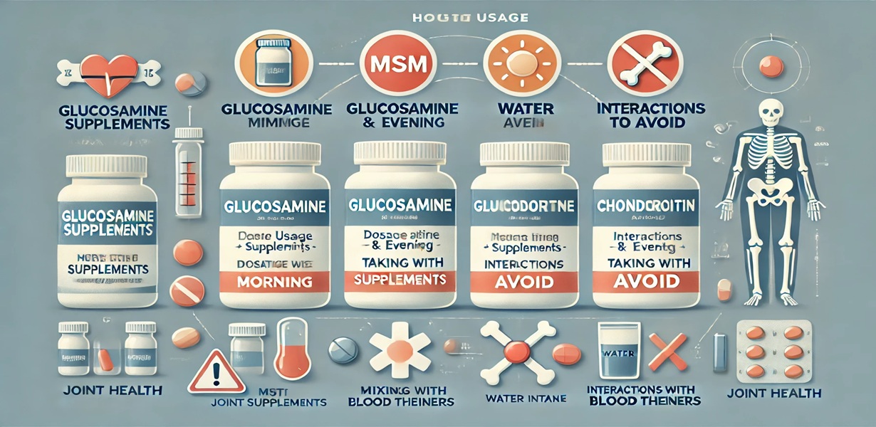 MSM, 글루코사민, 콘드로이틴 복용 시간, 물 섭취, 병용 주의사항 등을 안내한 인포그래픽