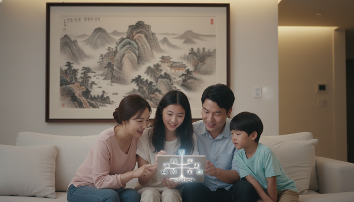 태블릿으로 디지털 족보를 확인하며 뿌리를 찾는 현대적인 가족의 모습