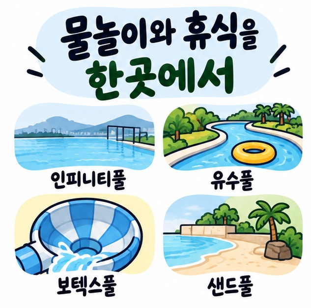 인피니티풀과 유수풀, 보텍스풀, 샌드풀의 대표 시설을 단순한 물놀이 아이콘으로 보여주는 카드