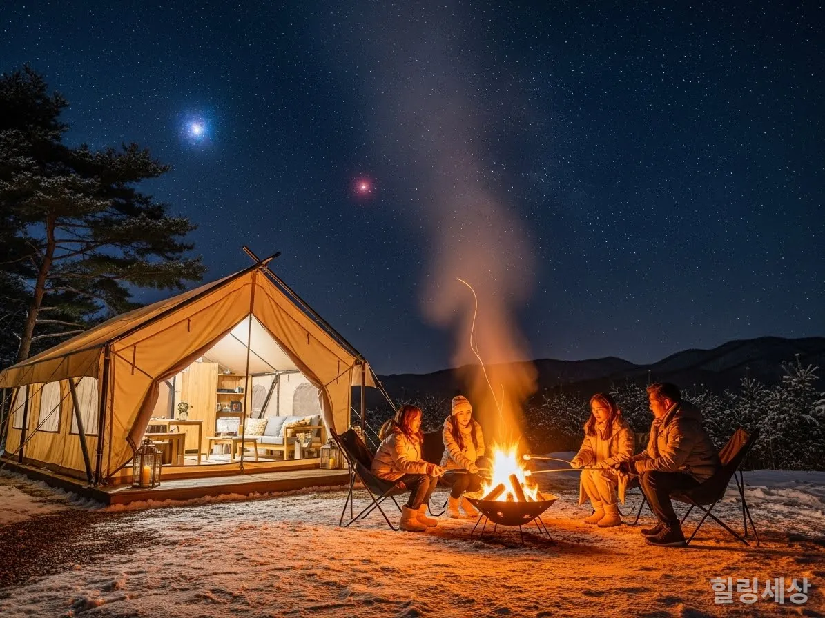 포천의 럭셔리 글램핑장에서 모닥불을 피우고 마시멜로를 굽는 가족의 겨울 밤
