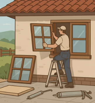 시골집 창호 교체 장면으로, 작업자가 빨간 기와지붕의 단층 주택에서 낡은 나무창을 새 창으로 교체하는 모습. 주변에는 실리콘 건과 단열 자재가 놓여 있고 배경에는 시골 언덕과 나무가 보인다.
