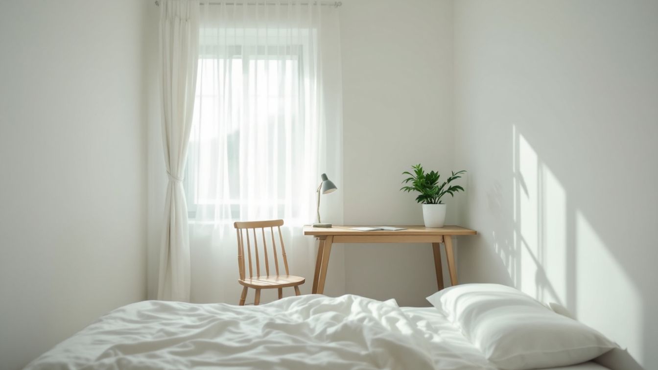 햇살이 들어오는 한국 9평 원룸에서 책상, 의자, 침대만 배치된 미니멀한 생활 공간 모습