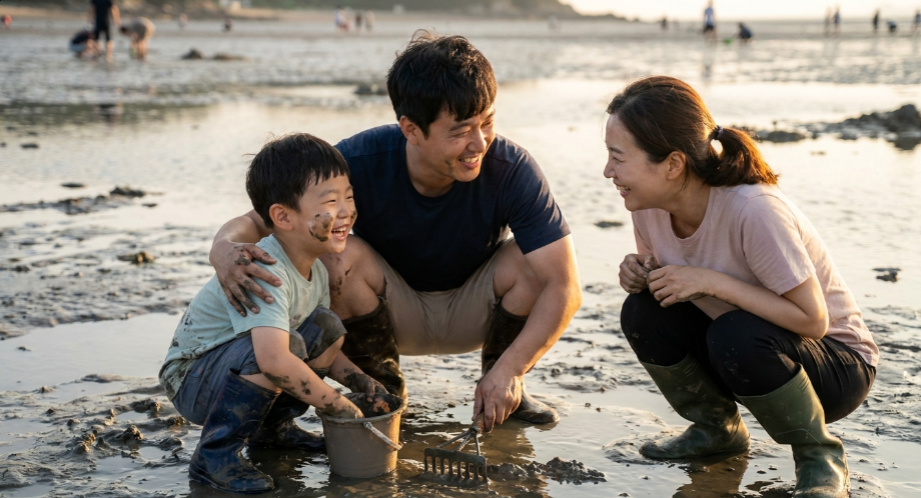 장화를 신고 갯벌에서 조개를 캐며 환하게 웃는 아이와 부모