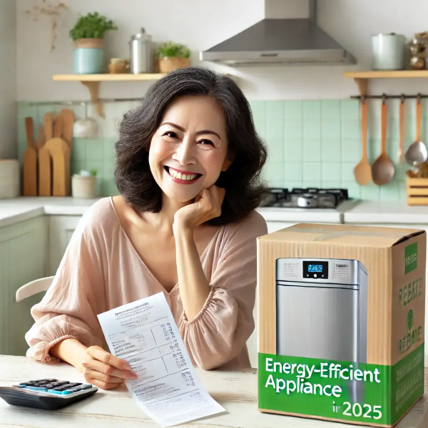 환급서를 들고 기뻐하는 중년 여성과 가전 상자