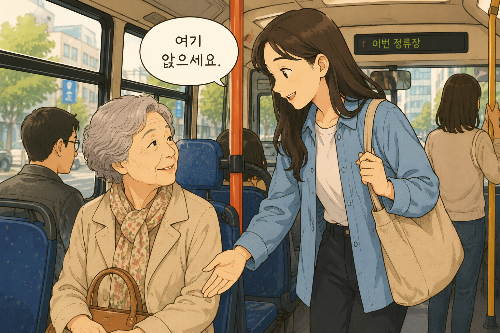 나이가 들어 버스에서 자리를 양보받으며 배려와 삶의 변화를 느끼는 모습