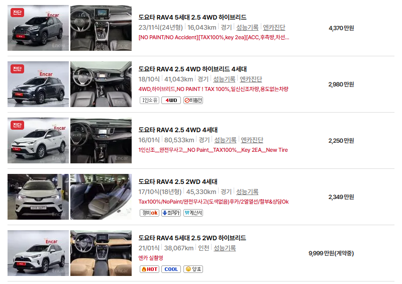 도요타 RAV4 중고차 가격 시세표 연비