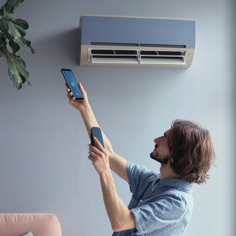 얼반 아파트에서 스마트폰을 통해 벽걸이 에어컨을 조작하며 스마트홈 연결성을 느낄 수 있는 모습입니다.
