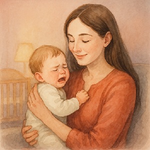 엄마 품에 안겨 울음을 멈추고 안도하는 표정의 아기, 엄마는 부드러운 미소로 아이를 바라보는 장면