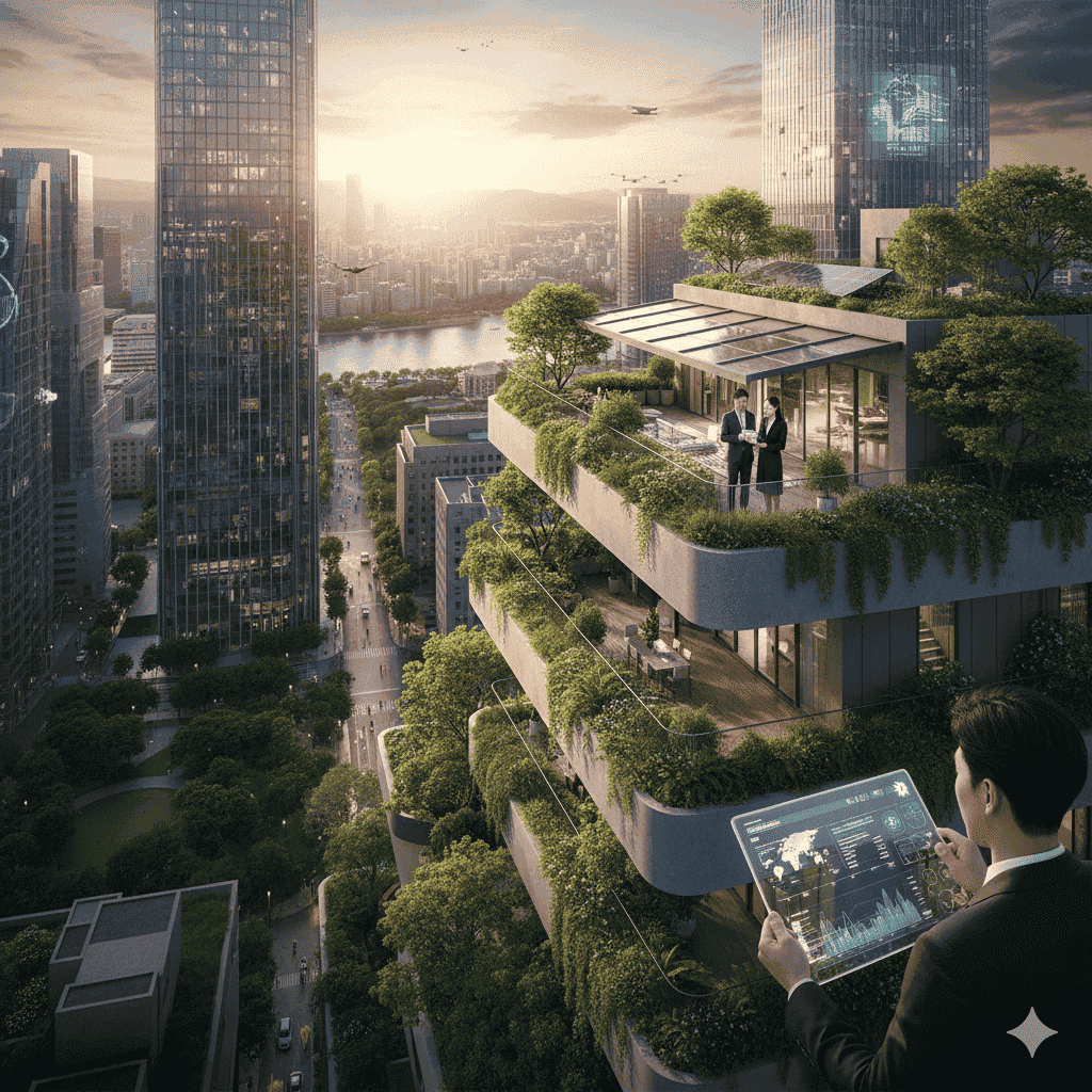 부동산 전문가가 디지털 패널을 통해 자산 가치와 입지 조건을 분석하는 모습