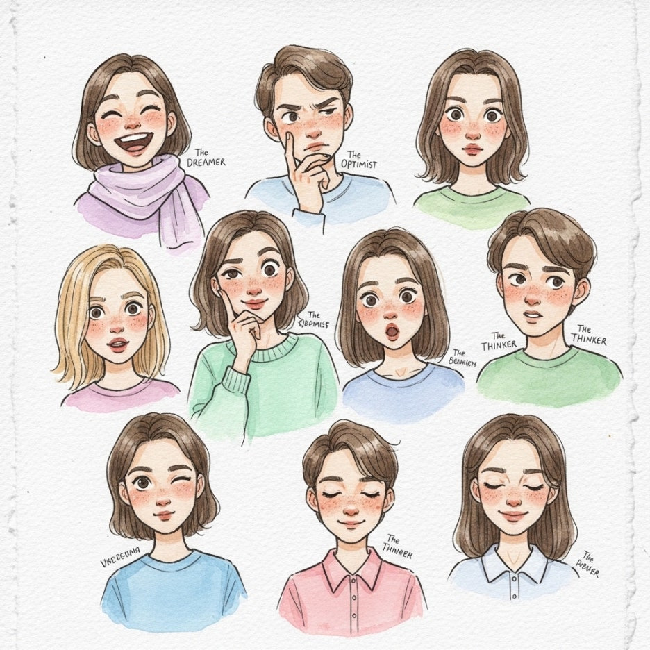 다양한 성향을 상징하는 캐릭터들의 수채화 스케치